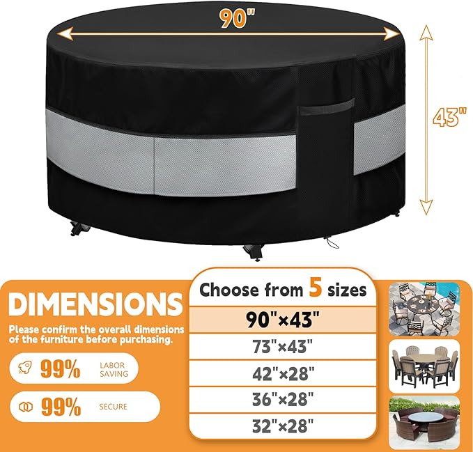 Round Patio Bar Height Table and Chair Cover Black Grey Waterproof Up to 10000pa for 90 x 43 Inch Outdoor Round Furniture Set Covers Patio Set Covers