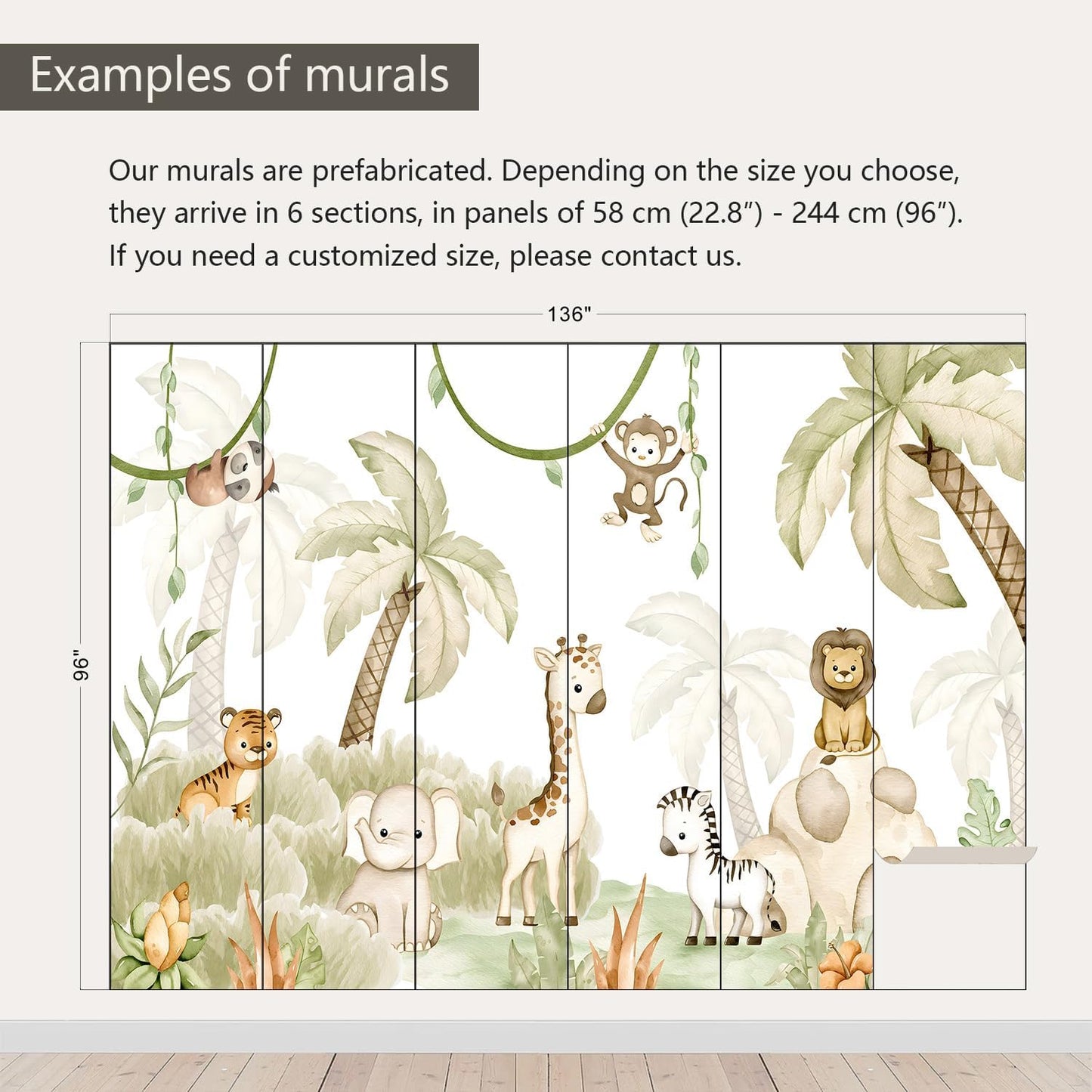AFZEVEB-Safari Wallpaper Watercolor Animal Nursery Wall murals for Kids Room 136"x96"(Not Peel and Stick)