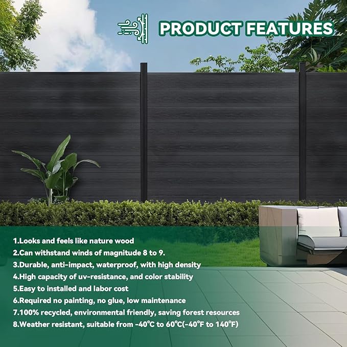Mondaria Fence Privacy Screen with 8ft In-ground Posts, 6ft(H) x 24ft(W) Wood Plastic Composite Fence Panels Weather-Resistant Outdoor Fence for Backyard/Garden (Black, 5 Posts)