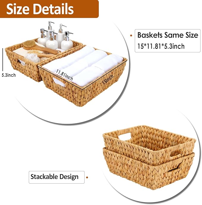 Wicker Baskets 2 Pack, Water Hyacinth Wicker Storage Basket with Handles for Organizing, Handmade Large Baskets, Natural