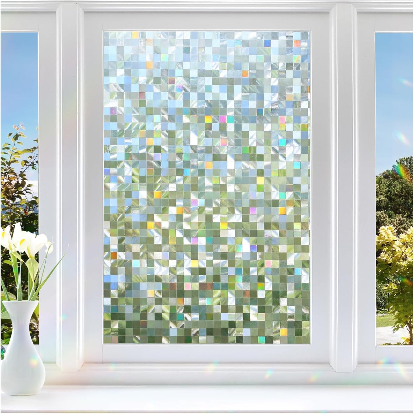 rabbitgoo Stained Glass Window Privacy Film Mosaic Pattern, Frosted Glass Window Film Rainbow Decorative Sticker, Static Cling UV Blocking Suncatcher for Home, 17.5 x 157.4 Inches