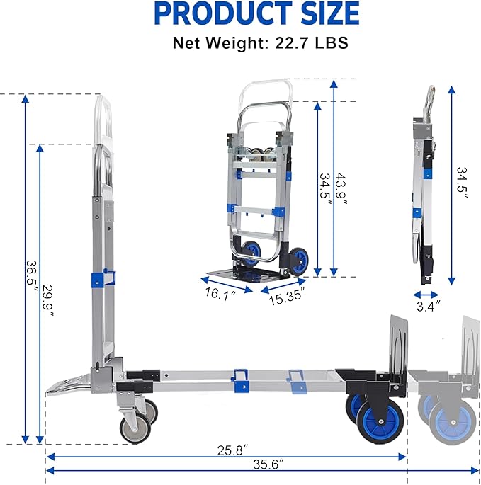 Upgraded 3 in 1 Aluminum Folding Hand Truck, 600lbs Capacity, Heavy Duty Convertible Dolly with Retractable Handle and 4 Rubber Wheels, Collapsible Cart for Moving Home, Office, Warehouse (Blue)