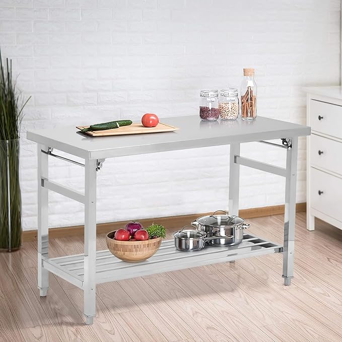 48''x24'' Stainless Steel Folding Preparation Table with Adjustable Undershelf, NSF Commercial Heavy-Duty Workbench, for Kitchen, Hotel, Home, Outdoor Cooking Table