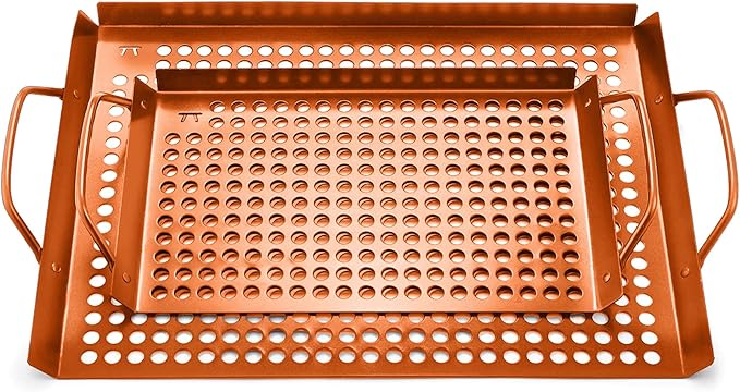 Outset QN76 Copper Grid Set Non-Stick Grilling Tray, Set of 2, 7" x 11" and 14" x 11"