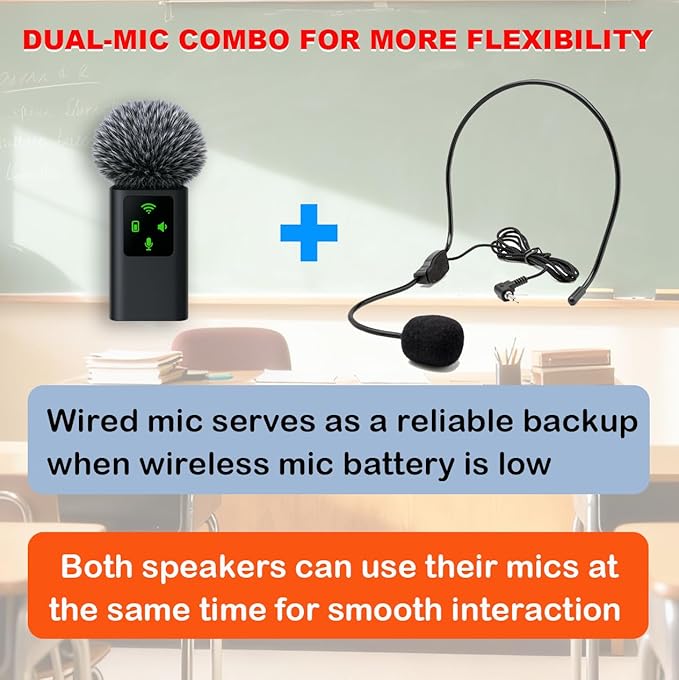 BSONE Voice Amplifier with Wireless Microphone & Wired Microphone Headset for Teachers – Portable Bluetooth Clip-On PA System with Lapel Mic and Speaker for Classroom,Tour Guide