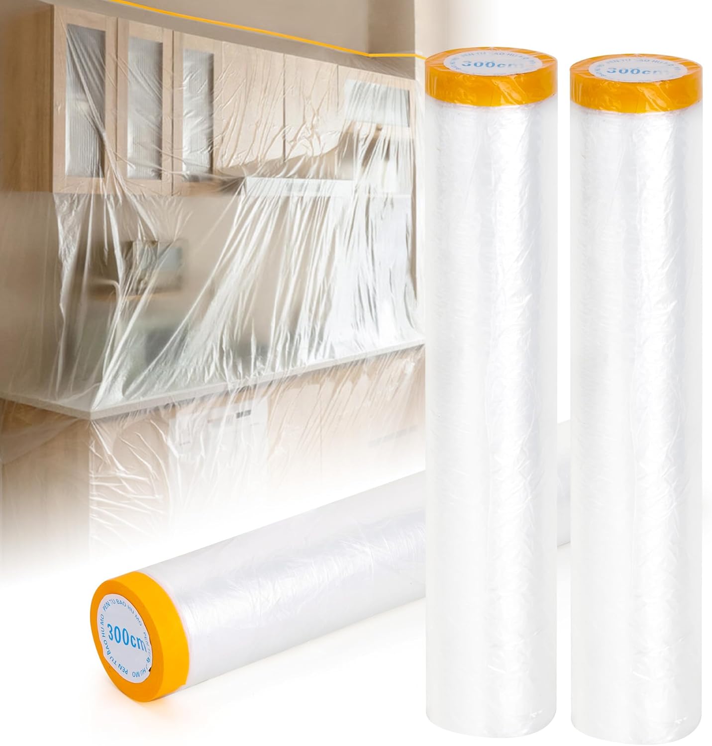 Pre-Taped Masking Film 3 Pack Each 118in x 65 feet Rolls, Tape and Drape, Painters Plastic Sheeting Drop Cloth for Automotive Painting Covering, House Decoration Furniture Floor Dustproof Cover