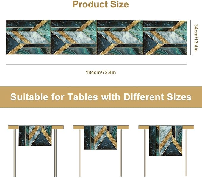 Marble Table Runner, Dark Green Gold Modern Mosaic Design Table Runner Decoration for Kitchen Family Dinner Table Holiday Party Farmhouse 13x70in