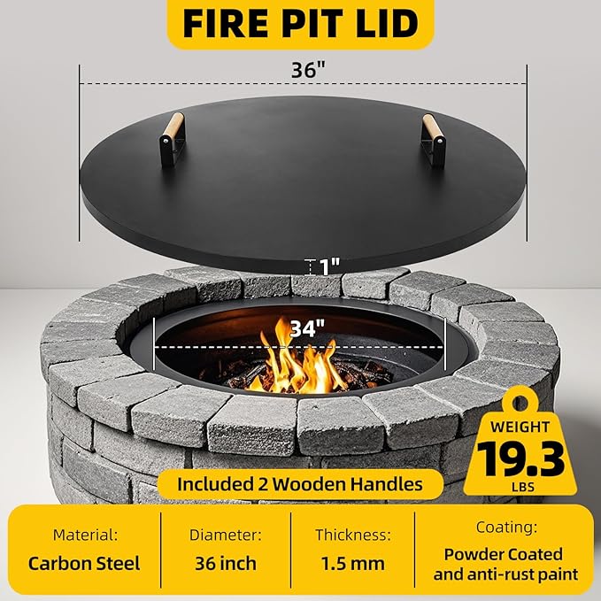 G GOOD GAIN Firepit Lid Round 36 Inch - Rust Resistant Fire Pit Lid Cover with Wooden Handle & Gloves, Fire Pit Snuffer Lid for Courtyards, Patio, Winter Cold Protection. Fits Fire Pits Up to 34"