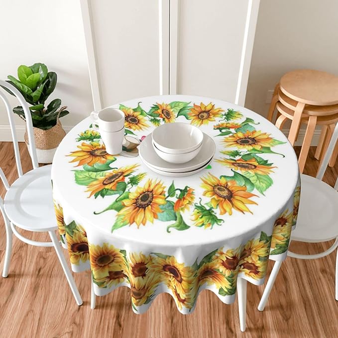 Sunflower's Round Tablecloth Sunflower Tablecloth 60 Inch Waterproof Rustic Table Cloth Fabric Farmhouse Stripe Decorative for Picnic Party Holiday Home Indoor Outdoor
