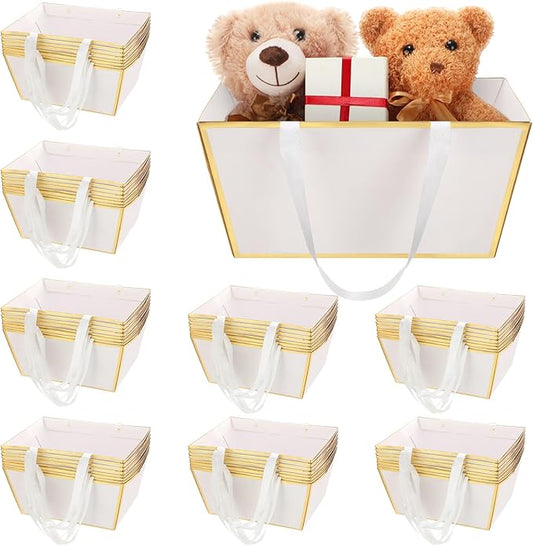 Pinkunn 48 Pcs Basket for Gifts Empty DIY Bulk Gift Basket Kit with Handles Kraft Cardboard Tray for Wedding Baby Shower Graduation Party Anniversary Party Display(White Gold)