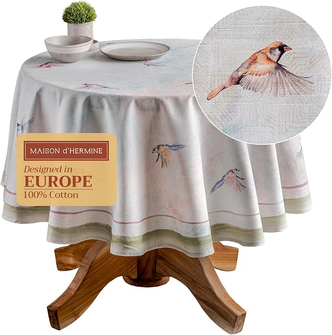 Maison d' Hermine Table Cloth Round Table 100% Cotton 69 Inches Tablecloth Reusable Decorative Everyday Use for Dining Room, Farmhouse, Home, Party, Festive & Wedding Spring Summer - Flying Birds