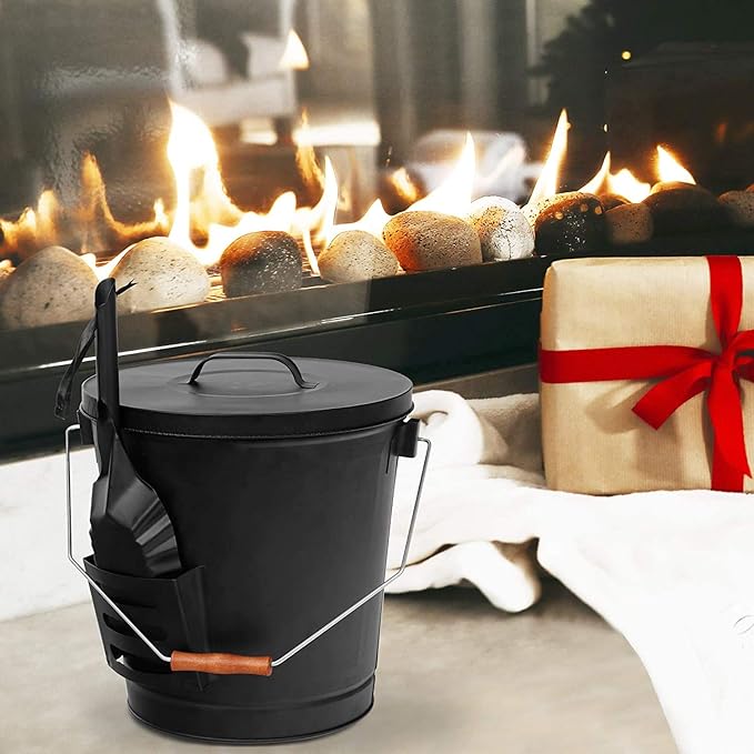 5.15 Gallon Hot Ash Bucket Fireproof Pellet Bucket with Lid and Shovel for Fireplaces, Fire Pits - Black