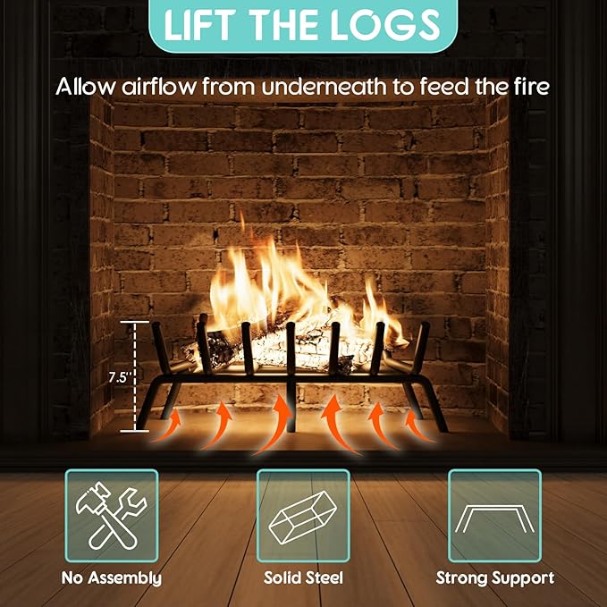 21-Inch Fireplace Grate, Heavy Duty 7-Bar Log Rack Holder Made of Solid Round Steel for Indoor/Outdoor Fire Pits, Wood Stoves & Kindling Tools