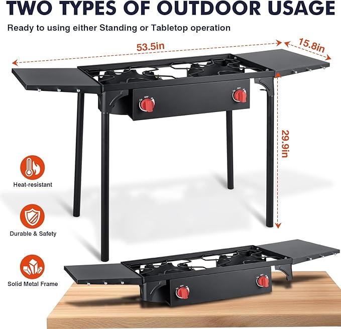 Llamaviva 2 Burner Gas Stove, Propane Outdoor Stove with Side Shelves, Removable Legs & Regulator, 150,000 BTU Propane Burners for Outdoor Cooking, Camping & BBQ Cookouts