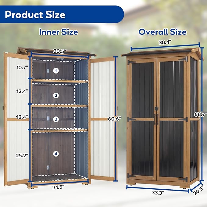 Storage Cabinet Outdoor Garage Cabinets with 3 Adjustable Shelves, Lockable Door, Wood & Metal Weather-Resistant Pantry Cabinet for Patio Garden Home Farm (33.3" Lx 21" Wx 69" H)