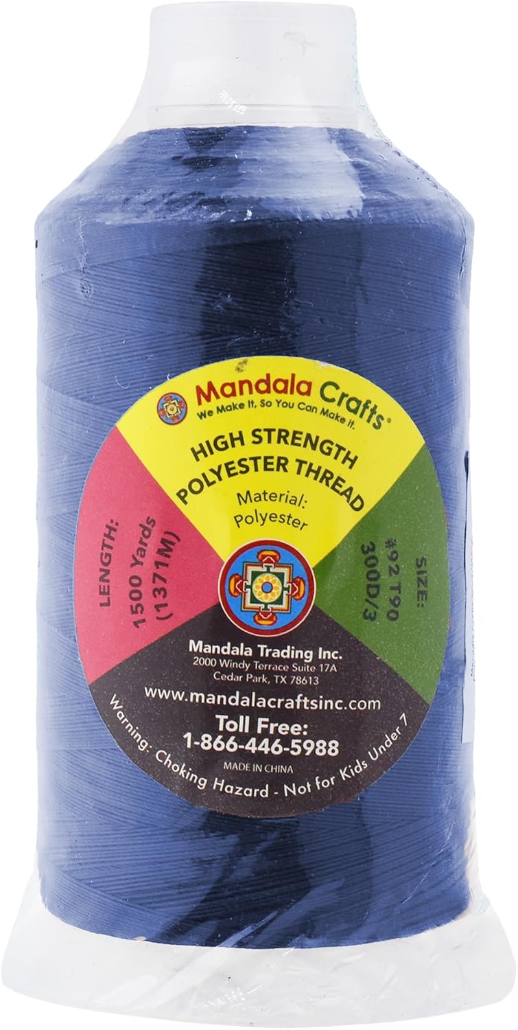 Mandala Crafts Dark Blue Heavy Duty Thread -1500 Yds Tex 90 Thread for Sewing Drapery Jeans Leather Hair - Bonded Polyester for Outdoor Marine Upholstery