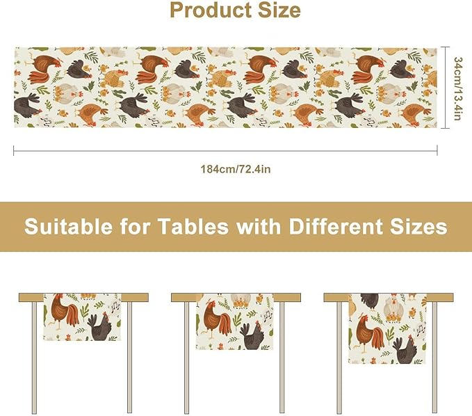 Cute Roosters Chickens Table Runners, Rustic Farm Animals Hen Table Runner for Farmhouse Wedding Coffee Dining Table Party Home 13x70in
