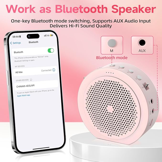 Moman Wireless Voice Amplifier with Lavalier Mic, 20H Battery 164ft Range Sensitive Pickup Noise Reduction PA System Bluetooth Portable Magnetic Charging Dock, Amplifier for Teacher Yoga Tour, Pink