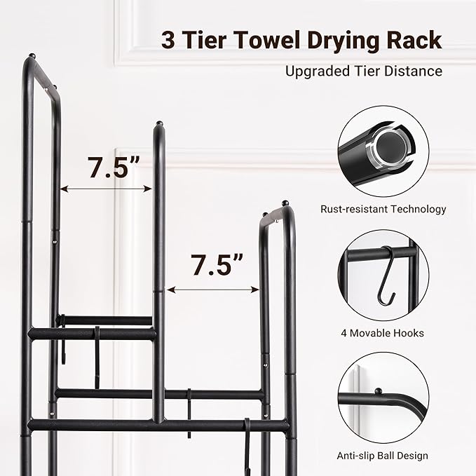 ELYKEN 40'' Tall Standing Towel Racks, 3 Tier Towel Drying Rack Outdoor, Pool Towel Stand Blanket Holder with Shelf & 4 Removable Hooks, Metal Freestanding Towel Racks for Bathroom, Matte Black