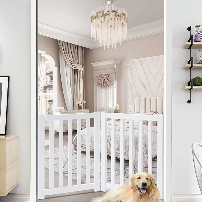 LZRS 4-Panel Wooden Free Standing Foldable Dog Gate Indoor – 24" High, Extra Wide Step-Over Safety Pet Gate for Doorways, Stairs, Hallways, Large Spaces & Playpen for Puppies Indoor Use, White
