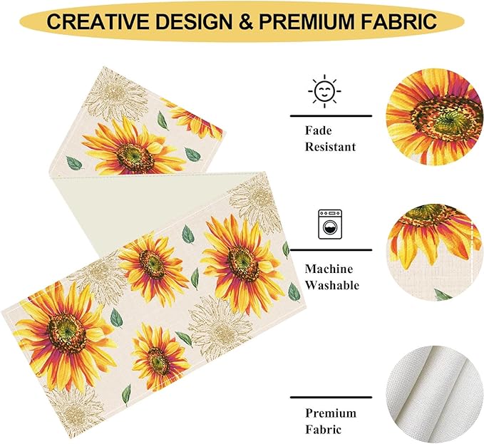 Summer Table Runner, Watercolor Yellow Floral Vase Spring Sunshine Farmhouse Rustic Coffee Table Center Decor for Home Kitchen Dining Patio Indoor Outdoor Table Decorations, 13"x90" Inch