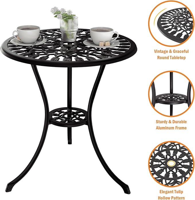 Outdoor Bistro Table and Chairs Set of 2, 3 Piece Patio Bistro Set w/Umbrella Hole, Rust-Resistant Cast Aluminum Bistro Set for Garden/Balcony/Backyard, Black