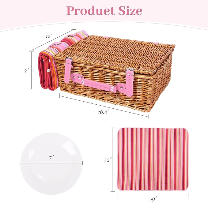 Neti Neti Wicker Picnic Basket for 4 with Insulated Cooler & Waterproof Blanket – Large Willow Picnic Hamper for Outdoor, Camping, Beach, Romantic Dates, Valentine’s Day