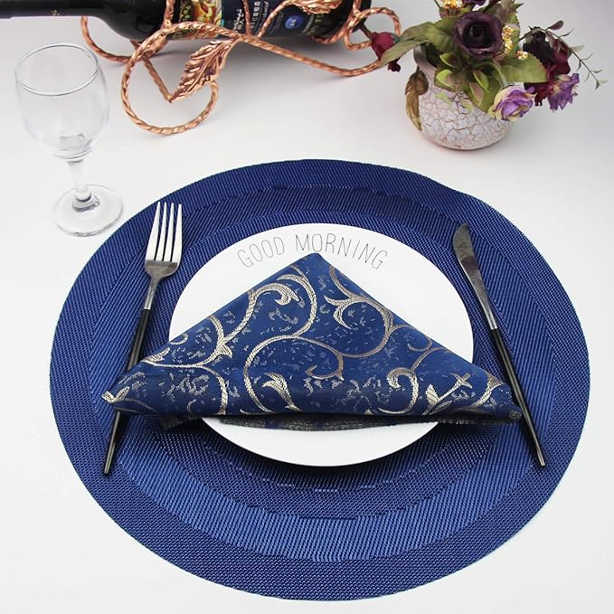 Round Placemat Set of 6 Heat Resistant Vinyl Washable Kitchen 15 inch Placemats for Home Indoor Outdoor Party (6pcs Round, Navy Blue)