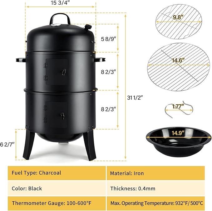 TCFUNDY 32" Vertical Charcoal Smoker Grill, Heavy-Duty BBQ Grill with Built-in Thermometer, 3 in 1 Grill and Smoker, Portable Meat Cooker with Air Vent for Outdoor Barbecue Cooking