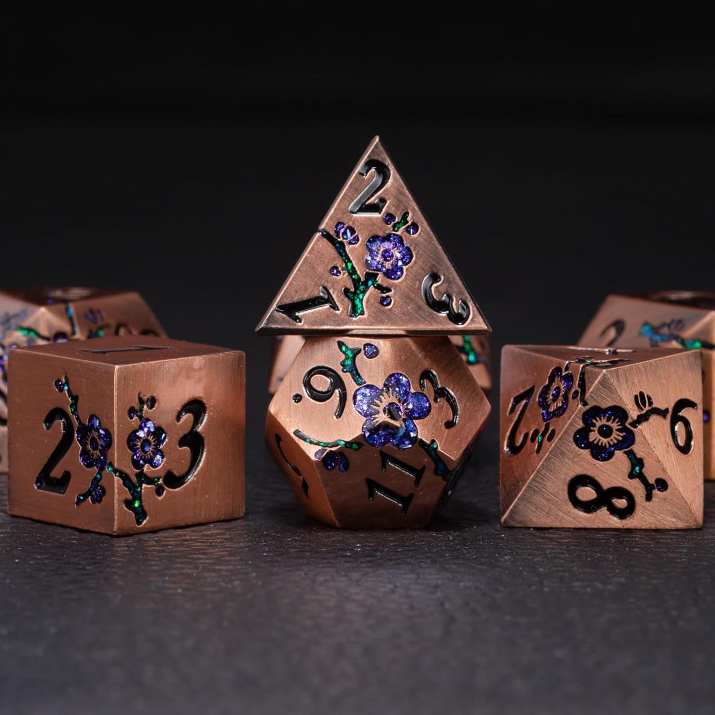 Metal DND Dice Set, Dungeons and Dragons Metallic Flower Dice with Gift Case, Polyhedral Dice Sets for Tabletop Games (Antique Red Copper - Purple)