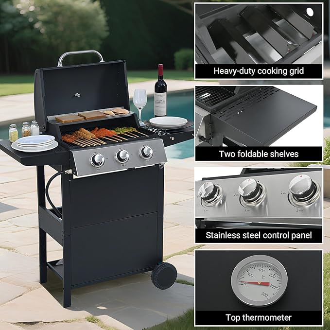 Endark Propane Gas Grill 3-Burner,26,000 BTU Stainless BBQ Grill with Porcelain-Enameled Cooking Grates,Built-In Thermometer,Includes Side Shelf and Wheels,Ideal for Backyard,Patio,Outdoor Cooking