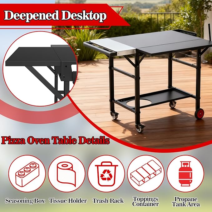 Grill Table for Oon Pizza Oven Accessories, Ninja Pizza Oven Table with Extendable Desk - Fit Gozney, Solo Stove, Durable Outdoor Grill Cart Stand with Food Prep Topping Station for Backyard