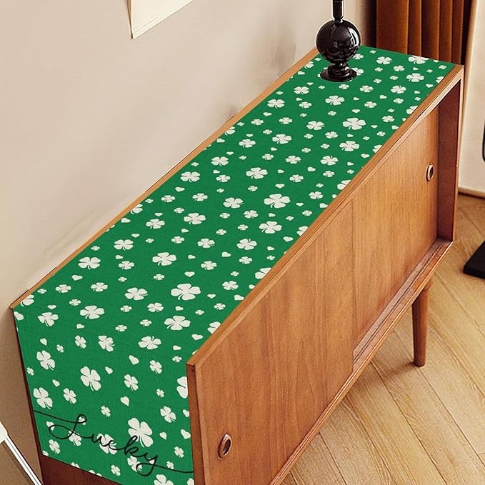 Clover Table Runner,Retro Rustic Green White Clover Seasonal Spring St.Patrick's Day Table Center Decor for Home Kitchen Dining Patio Holiday Party Indoor Table Decorations, 13"x36"