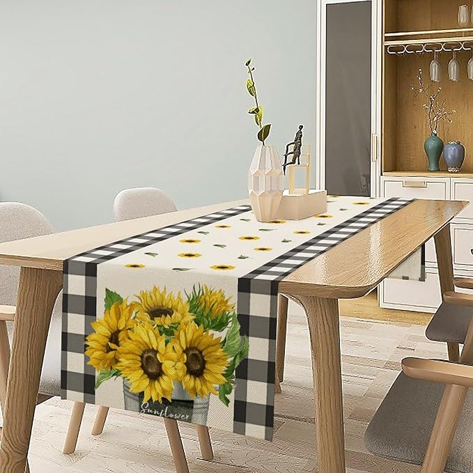 Morden Sunflower Table Runner,White Black Buffalo Plaid Watercolor Summer Flower Plants Leaves Print Table Runner for Kitchen Dining Table Holiday Home Party Decor 13x108in