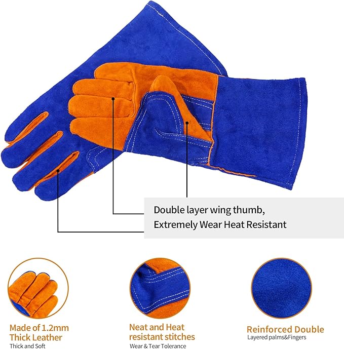 Leather Welding Gloves - Thick Premium Cow Split Leather, Heat Resistant, Welding, Grilling, BBQ & Fireplace