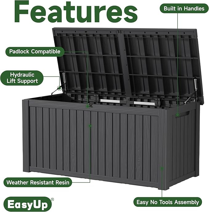EasyUp 200 Gallon Outdoor Storage Box Waterproof, UV Resistant Resin Deck Box with Hydraulic Rod, Reinforced Stability for Patio, Garden, and Pool, Striped Black