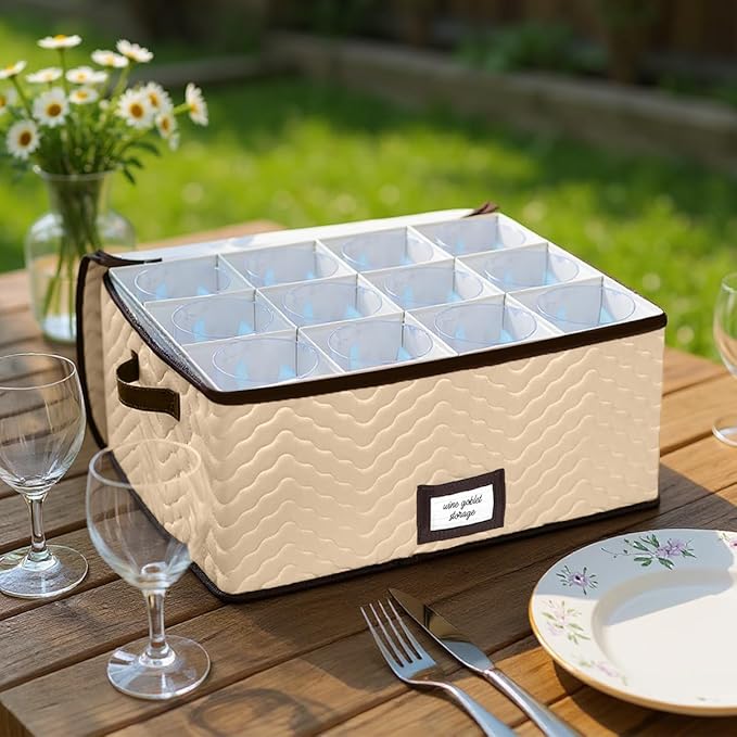 Wine Glass Storage Box with Dividers - Stemware Storage Case, Durable Quilted Microfiber Bin with Carry Handles, Protects Fine China - (1 Pack, Red Wine Glass)