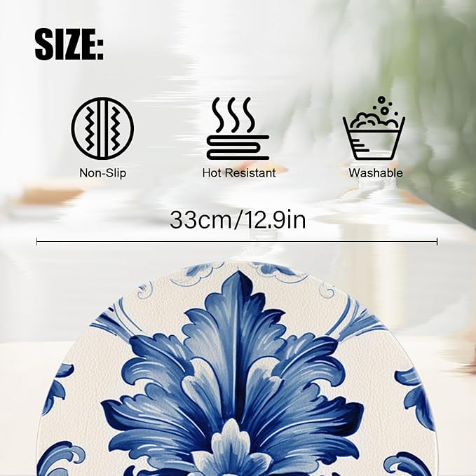 Faux Leather Placemats Set of 4,Watercolor Blue and White Porcelain Patterns Round Ding Table Placemat Heat-Resistant Waterproof Non-Slip Place Mats for Uitable for Indoor & Outdoor,13inch