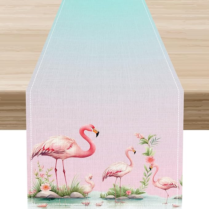 Flamingo Table Runner,Teal Pink Flamingo Family with Flowers Grass Watercolor Style Table Center Decor for Family Kitchen and Living Room Outdoor Farmhouse Party Table Decorations, 13"x90"