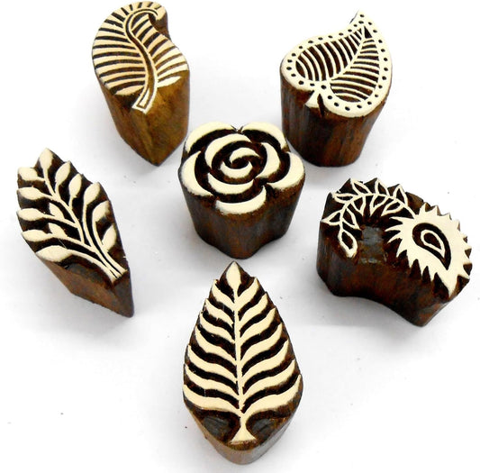 Craftsofindia® Flowers and Leaf Wooden Blocks Stamps for Printing on Textiles, Pottery Crafts,Henna, Scrapbooking (Set of 6)