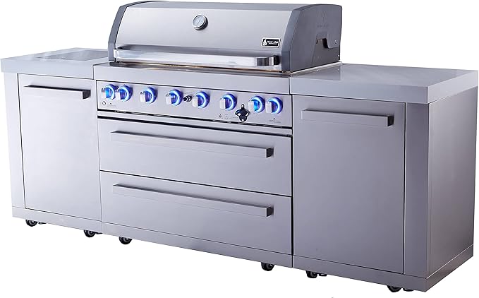 Mont Alpi MAi805 6-Burner 115000 BTU 44-inch Original Series Stainless Steel Outdoor Kitchen Modular Island Gas Grill + Infrared Side & Rear Burners + Granite Countertops + Storage Cabinets & Drawers