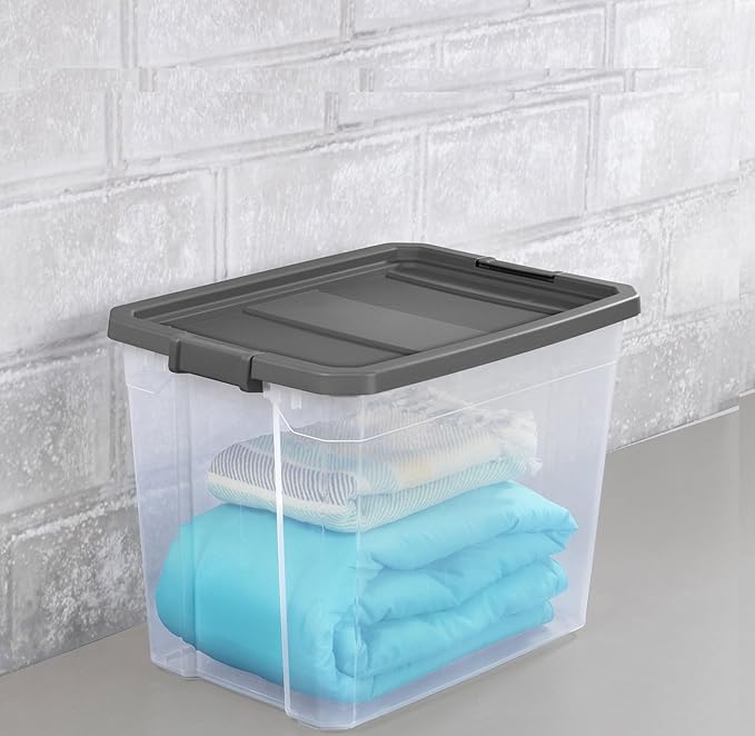 108-Quart Clear Plastic Stackable Storage Tote with Latching Lid, Textured Grip, Flat Grey Lid,Heavy Duty Stackable Storage Bins, – Closet, Bathroom, Office Organizer