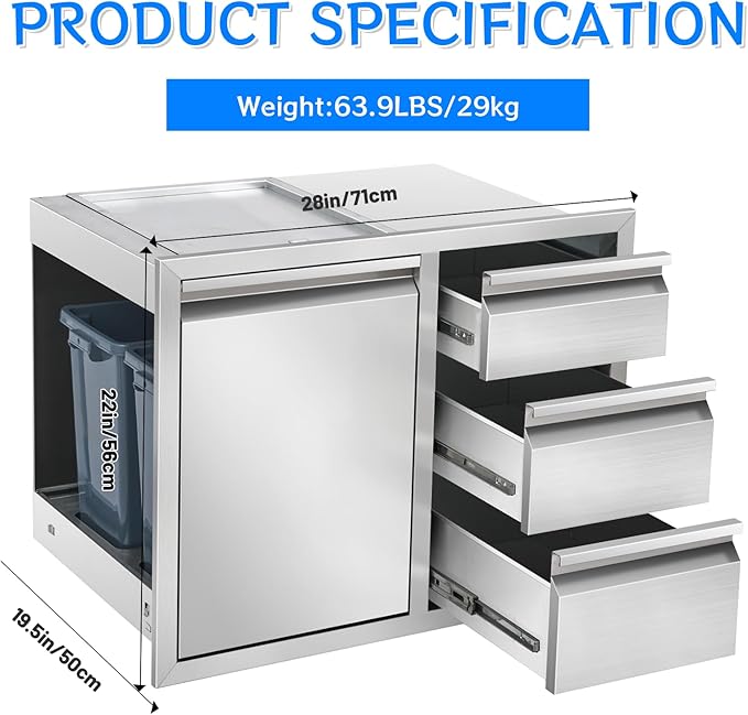 Outdoor Kitchen Drawer Combo, Stainless Steel Triple Drawer Cabinet with Built-in Trash Drawer & Two Trash Cans, 28" W x 22" H x 19.5" D Outdoor Kitchen Storage for BBQ Grill Islands