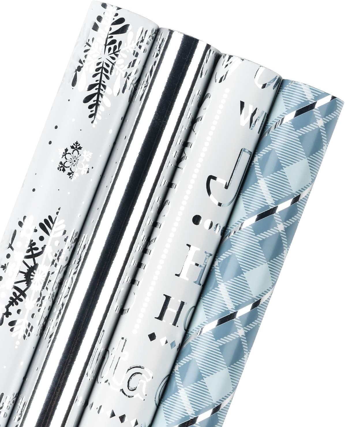 WRAPAHOLIC 30 Inch Christmas Wrapping Paper Roll - Jumbo Roll Blue and Silver Snowflake Holiday Design with Metallic Foil Shine - 4 Rolls - 30 Inch x 120 Inch Per Roll