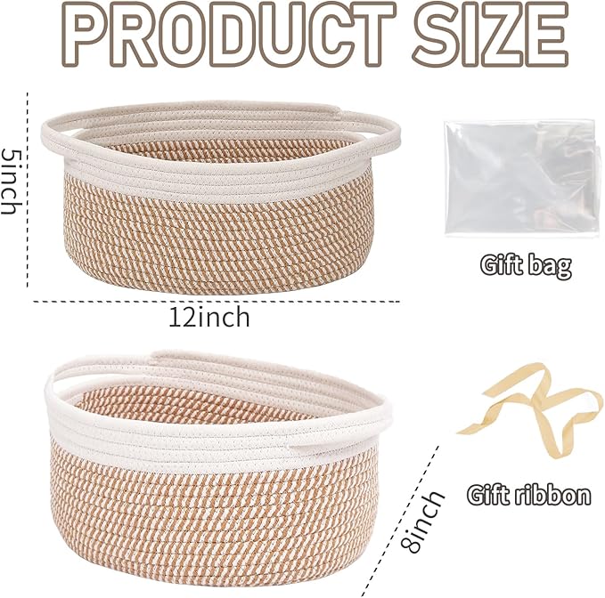 Woven Basket,Small Rope Storage Bin with Handles & Ribbon Bag, Organizer for Shelves Closets,Gift Basket Empty for Birthday,Books,Dog Toys, White&Brown Block/3 Pack
