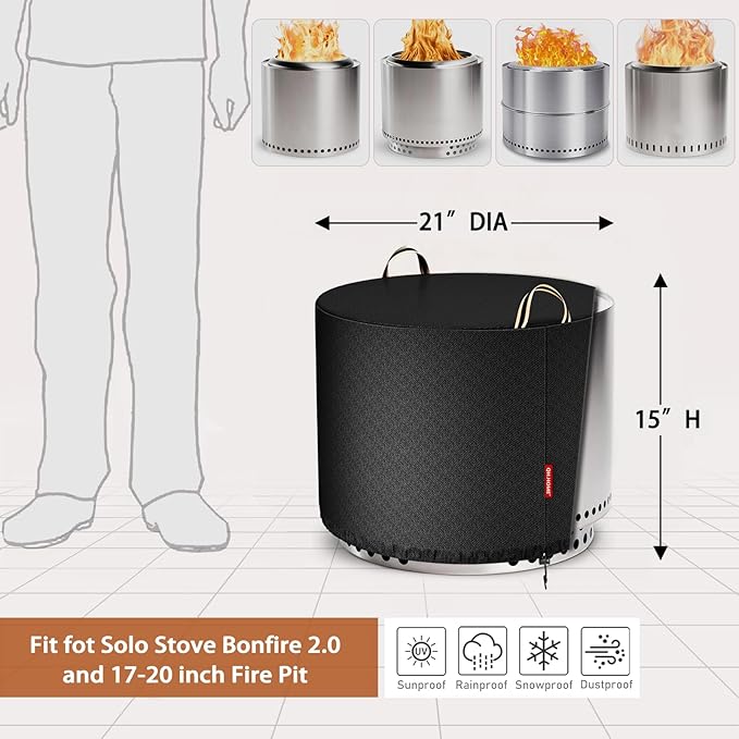 QH.HOME Fire Pit Cover Round for Solo Stove Bonfire 19", Waterproof Smokeless Fire Pit Cover, 600D Strong Tear Resistant, Fits for Gas/Table/Bowl Fire pits - 21" D X 15" H