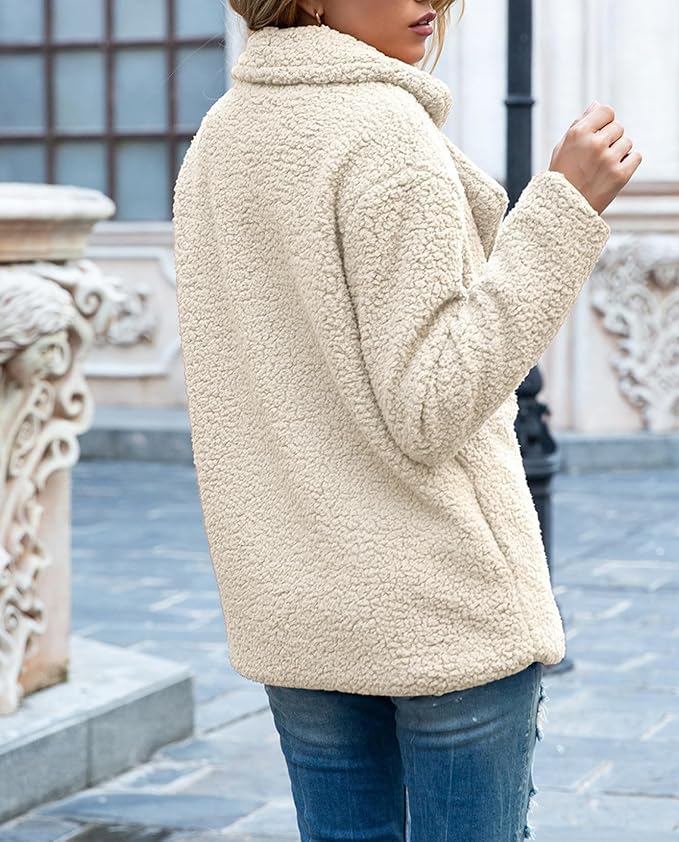 Women's Winter Warm Plush Cardigan Fuzzy Fleece Lapel Jacket with Buttons Pockets Long Sleeve Casual Outerwear