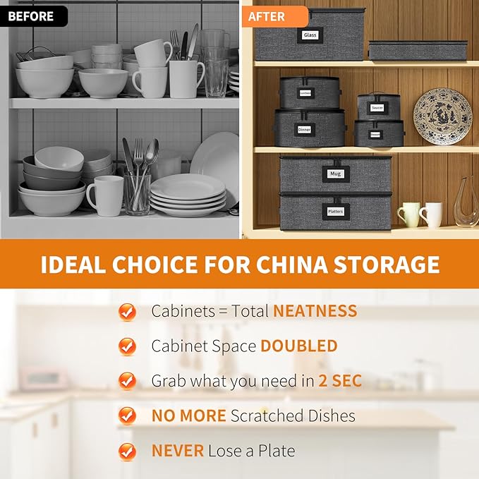 Aokeyee China Storage Containers Hard Shell 8 Piece, Mug, Wine Glass, Utensils, Plate Storage Containers w/Lid, Soft Dividers Felt Pads, Handles, Stackable Storage Organizer for Moving, Party, Grey