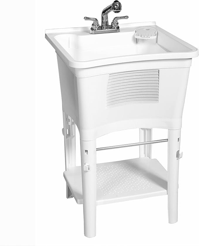 Zenna Home Utility Sink for Laundry Room and Garage, Freestanding Laundry Sink for Garage or Kitchen, Indoor & Outdoor Utility Tub with Pull-Out Faucet, Towel Bar, 24" W x 24" D x 36.75" H, White