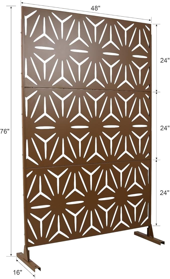 Outdoor Privacy Screen, 76" H x 48" W Decorative Metal Panel, Steel Privacy Divider with Freestanding Base, Ideal for Garden, Patio, or Balcony, Brown